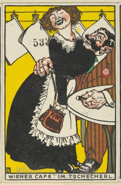 Viennese Café: In the Little Café (Wiener Café: Im Tschecherl) by Moriz Jung / Wiener Werkstätte, 1911 — archival coffee print from Metropolitan Museum of Art, New York