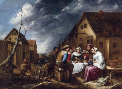 Family feast in front of the tavernlabel QS:Len,"Family feast in front of the… by Gillis van Tilborgh, 1657 — archival coffee print from Wikimedia Commons (institutional source)