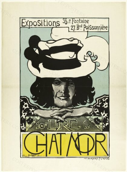 Expositions 35, r. Fontaine 27, Brd. Poissonnière 10c LIRE le CHAT NOIR, AFF1197 by Burret, Jean Léonce (Bordeaux, 20–04–1866 - Paris, 1915), dessinateur, 1897 — archival coffee print from Wikimedia Commons (institutional source)