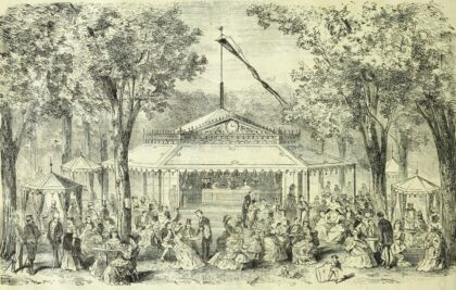 Augarten pavilion coffee house, Vienna, 1873 by Anton Thomayr?, 1873 — archival coffee print from Wikimedia Commons (institutional source)