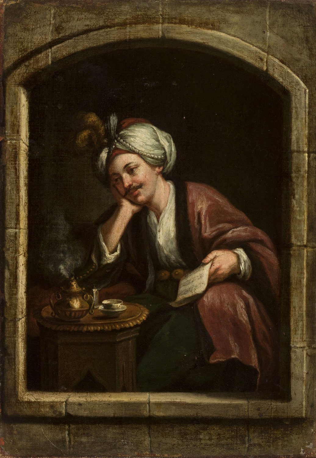 Turk drinking coffee title QS:P1476,en:"Turk drinking coffee "label QS:Len,"T… by Johann Samuel Mock, 2021 — archival coffee print from Wikimedia Commons (institutional source)