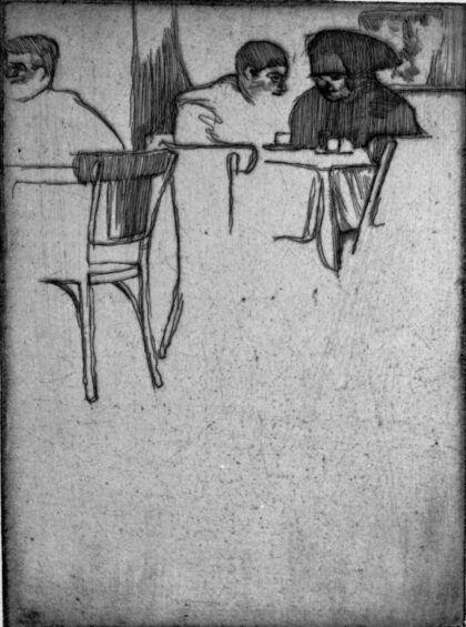 Due amanti by Carlo Cainelli, 1920 — archival coffee print from Wikimedia Commons (institutional source)