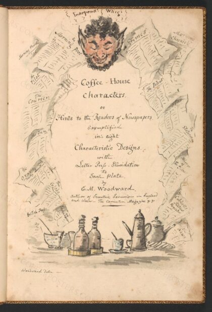 Coffee-House Characters, or Hints to the Readers of Newspapers Exemplified in… by George Moutard Woodward, 1808 — archival coffee print from Wikimedia Commons (institutional source)