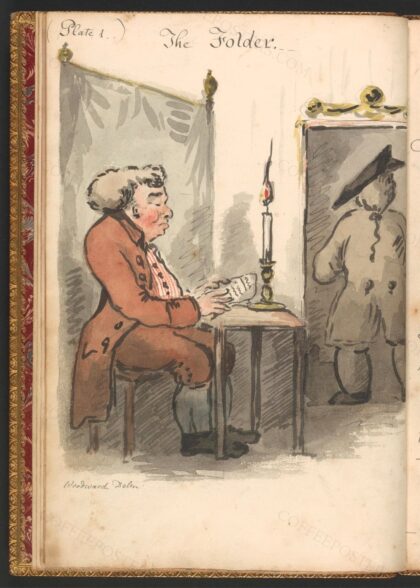 Coffee-House Characters, or Hints to the Readers of Newspapers Exemplified in… by George Moutard Woodward, 1808 — archival coffee print from Wikimedia Commons (institutional source)