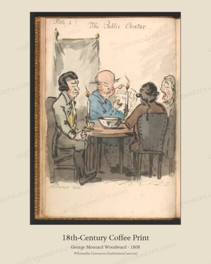 Coffee-House Characters, or Hints to the Readers of Newspapers Exemplified in… by George Moutard Woodward, 1808 — archival coffee print from Wikimedia Commons (institutional source)