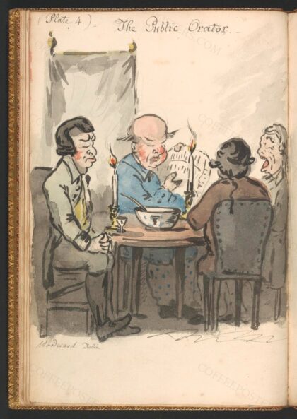 Coffee-House Characters, or Hints to the Readers of Newspapers Exemplified in… by George Moutard Woodward, 1808 — archival coffee print from Wikimedia Commons (institutional source)