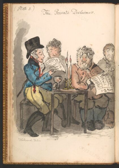 Coffee-House Characters, or Hints to the Readers of Newspapers: The Private D… by George Moutard Woodward, 1808 — archival coffee print from Wikimedia Commons (institutional source)