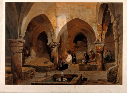 Jerusalem: a coffee-house. Coloured lithograph by C.F.H. Werner, 1868