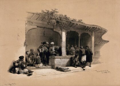 A coffee-shop, Cairo, Egypt. Coloured lithograph by Louis Haghe after David Roberts, 1849