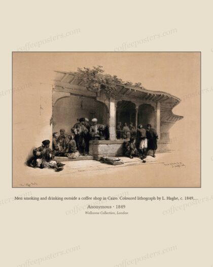 Men smoking and drinking outside a coffee shop in Cairo. Coloured lithograph by L. Haghe, c. 1849, after D.…