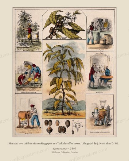 Men and two children sit smoking pipes in a Turkish coffee house. Lithograph by J. Nash after D. Wilkie, 1840