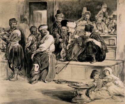 Smokers in a Turkish coffee house listen eagerly to news brought by a courier. Lithograph by J. Nash, 1843,…