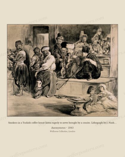 Smokers in a Turkish coffee house listen eagerly to news brought by a courier. Lithograph by J. Nash, 1843,…