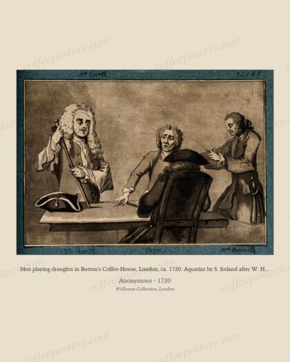 Men playing draughts in Button's Coffee-House, London, ca. 1720. Aquatint by S. Ireland after W. Hogarth
