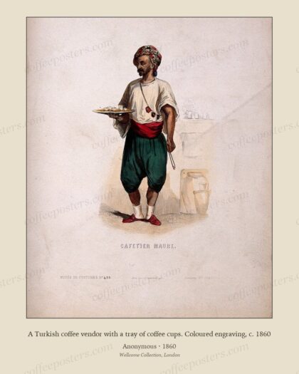 A Turkish coffee vendor with a tray of coffee cups. Coloured engraving, c. 1860