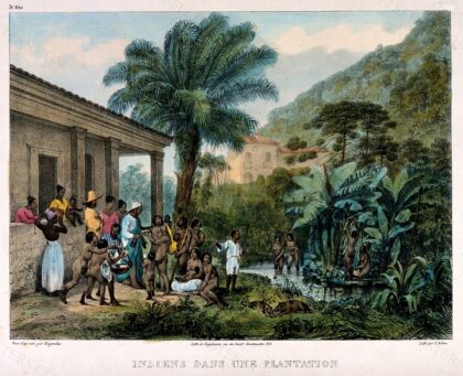 Indians on a coffee plantation washing in a lake and gathering together on the bank. Coloured lithograph by…