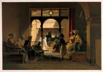 Cairo: a coffee-house with men sitting on wooden benches to smoke and drink. Colour lithograph by G.W. Seit…