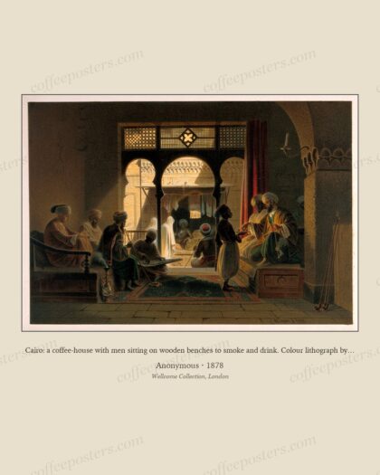 Cairo: a coffee-house with men sitting on wooden benches to smoke and drink. Colour lithograph by G.W. Seit…