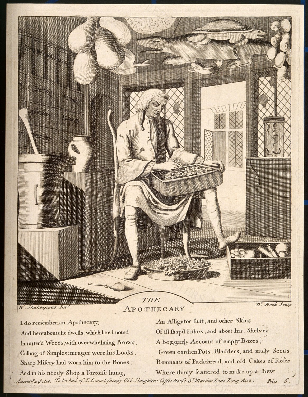 An apothecary sitting in his shop, sorting through materia medica, surrounded by paraphernalia of his profe…