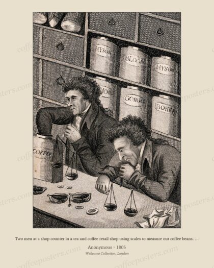 Two men at a shop counter in a tea and coffee retail shop using scales to measure out coffee beans. Engravi…