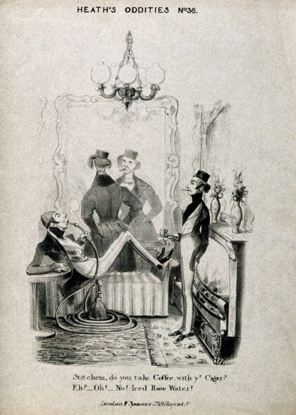 Three dandies smoking and drinking coffee. Lithograph after H. Heath, c. 1840
