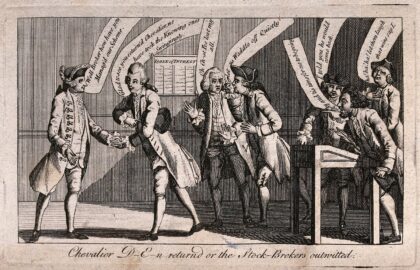 The Chevalier D'Eon meets bankers in a London office or coffee-house to discuss wagers placed on whether D'…