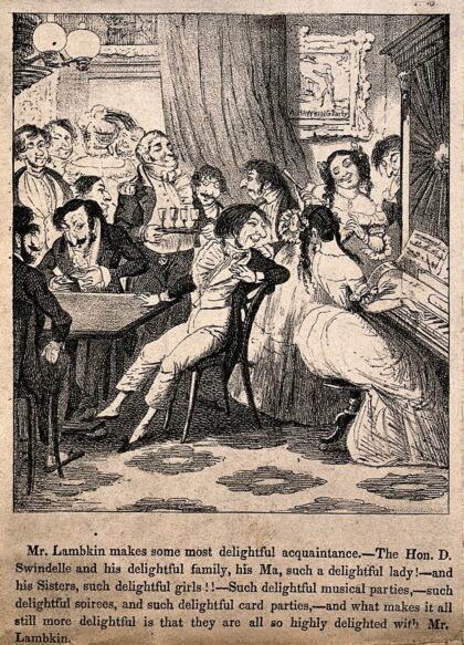 Mr. Lambkin drunkenly dancing the polka and knocking over a tray of coffee, while his loved one looks on in…
