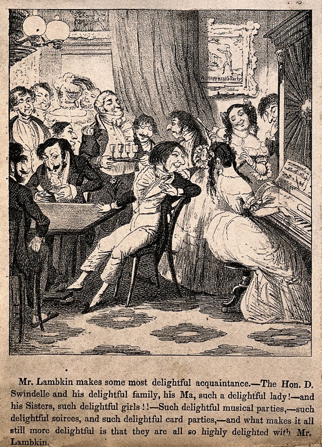 Mr. Lambkin drunkenly dancing the polka and knocking over a tray of coffee, while his loved one looks on in…