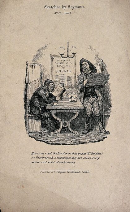 A man reading a newspaper supplied in a coffee house and reading room turns to ask a seated man if he has r…