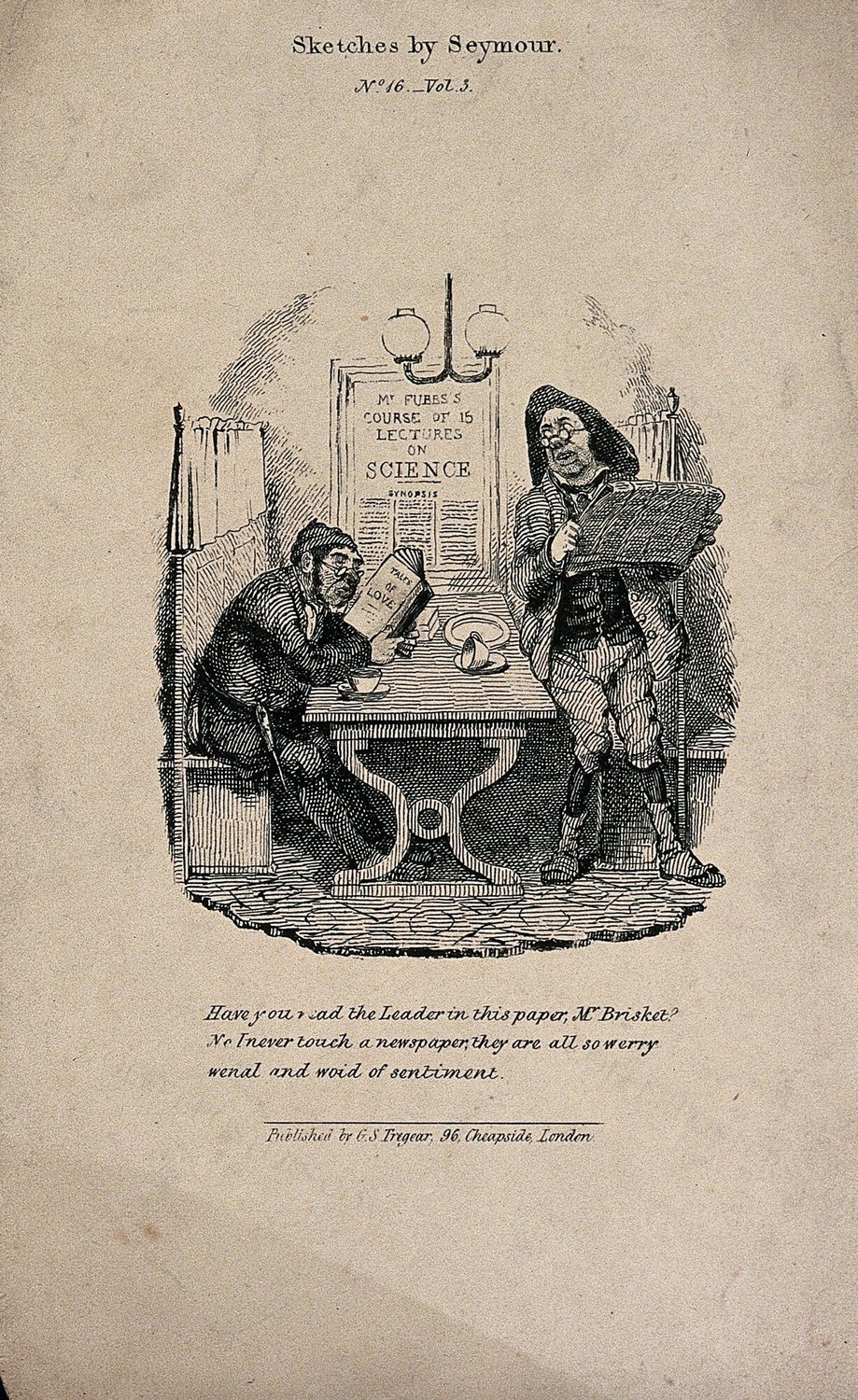 A man reading a newspaper supplied in a coffee house and reading room turns to ask a seated man if he has r…