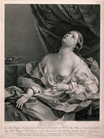 The suicide of Cleopatra: Cleopatra is shown lying on her bed grasping the tail of the asp with her left ha…