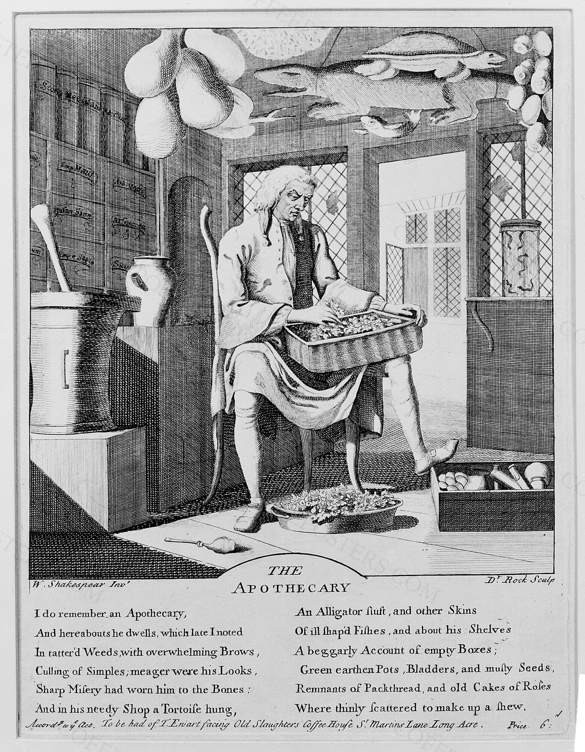 An apothecary sitting in his shop, sorting through materia medica, surrounded by paraphernalia of his profe…