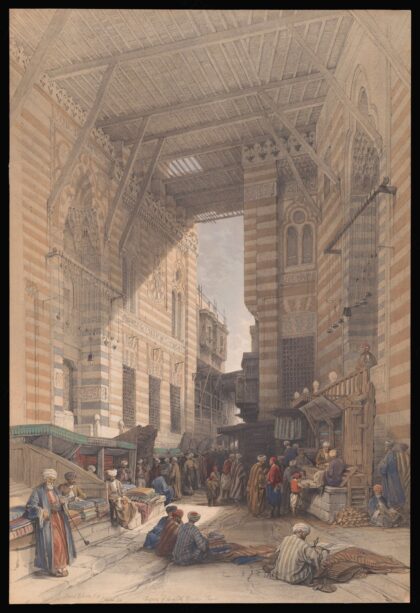 The bazaar of the silk mercers in Cairo with a man smoking a long-stemmed pipe. Coloured lithograph by L. H…