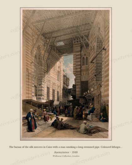 The bazaar of the silk mercers in Cairo with a man smoking a long-stemmed pipe. Coloured lithograph by L. H…