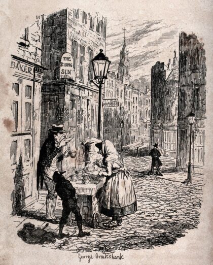 An almost deserted street in London in the early morning: a woman serves a man and a boy with a hot drink,…