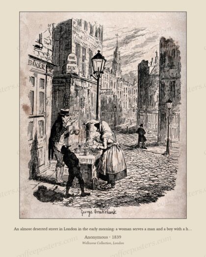 An almost deserted street in London in the early morning: a woman serves a man and a boy with a hot drink,…
