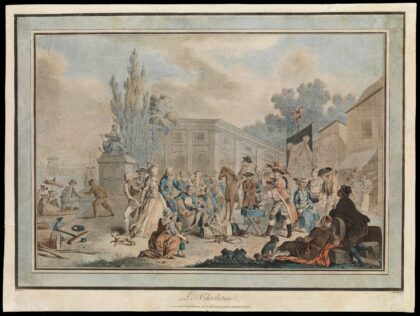 A public square in a French port, in which a medicine vendor cries up his wares to an audience of traders a…