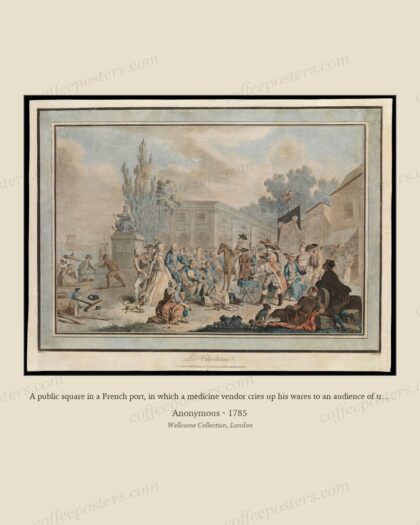 A public square in a French port, in which a medicine vendor cries up his wares to an audience of traders a…
