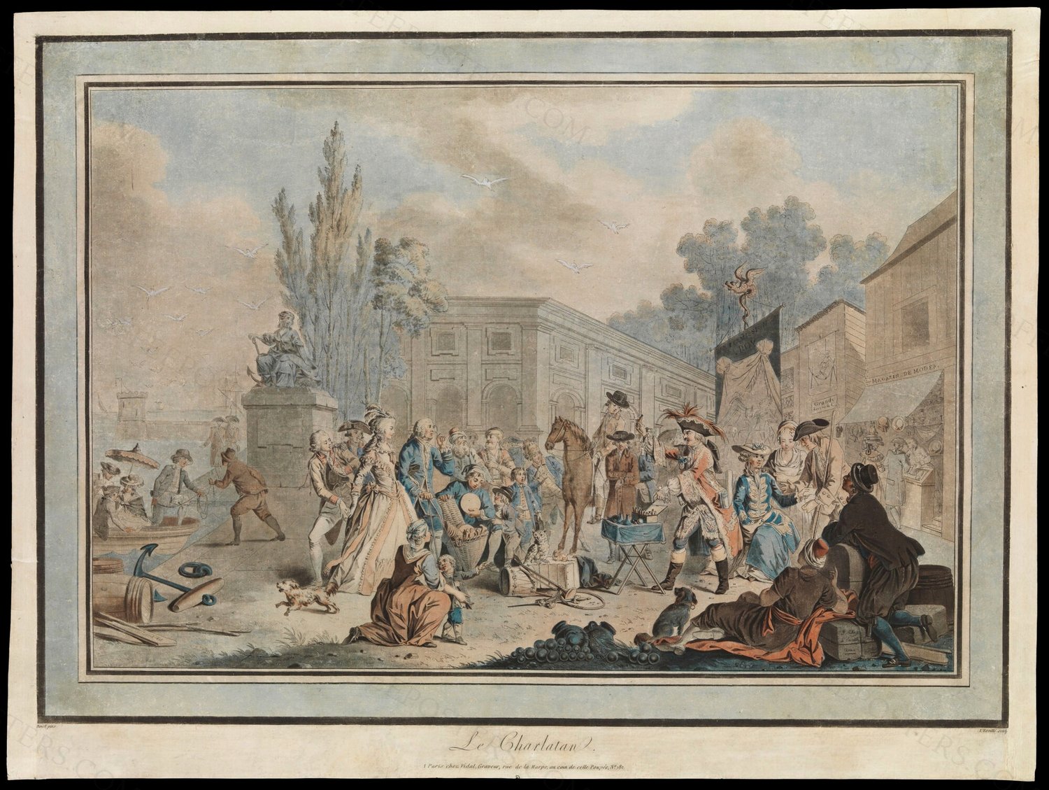 A public square in a French port, in which a medicine vendor cries up his wares to an audience of traders a…