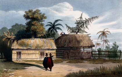 Colombia: an out-house for preparation of food. Coloured lithograph by C. Empson, 1836