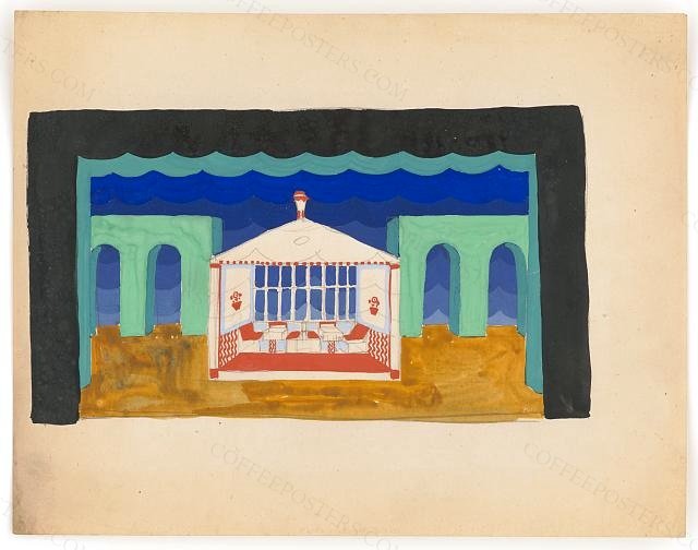 [Designs for theater with black-framed proscenium and boldly colored settings