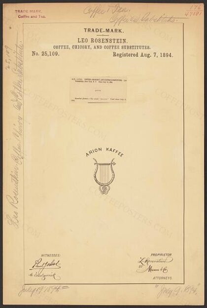 [Trademark registration by Leo Rosenstein for Arion Kaffee brand Coffee, Chicory, and Coffee Substitutes]