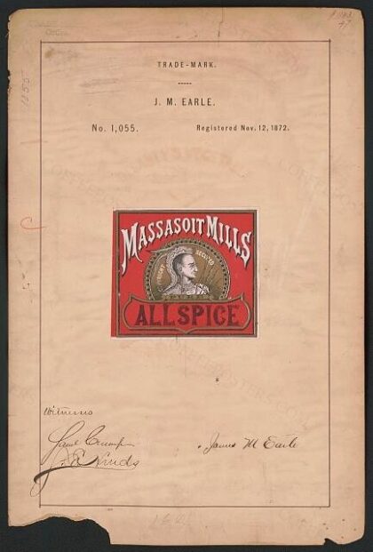 [Trademark registration by J. M. Earle for Massasoit Mills Pure Allspice brand Product not available