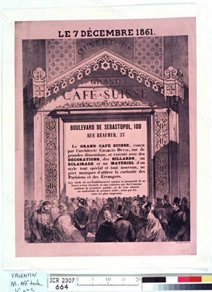 Le 7 décembre 1861, ouverture du Grand Café Suisse, boulevard de Sébastopol, 100 et rue Réaumur, 37. Le Gra…