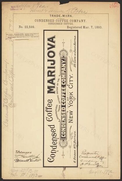 [Trademark registration by Condensed Coffee Company for Marijova brand Condensed Coffee]