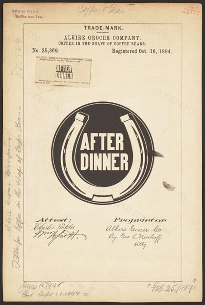 [Trademark registration by Alkire Grocer Company for After Dinner brand Coffee in the Shape of Coffee Beans]