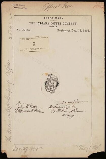 [Trademark registration by The Indiana Coffee Company for Puritan brand Coffee]