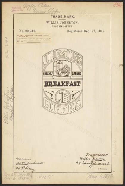 [Trademark registration by Willis Johnston for Johnston's Breakfast Coffee brand Ground Coffee]