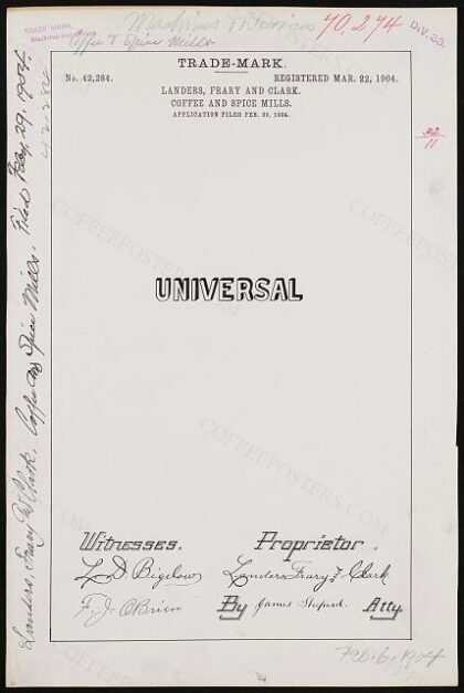 [Trademark registration by Landers, Frary and Clark for Universal brand Coffee and Spice Mills]