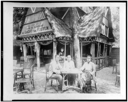 [Cacao van Houten's café with three women seated at table, another in window, Paris Exposition, 1889]